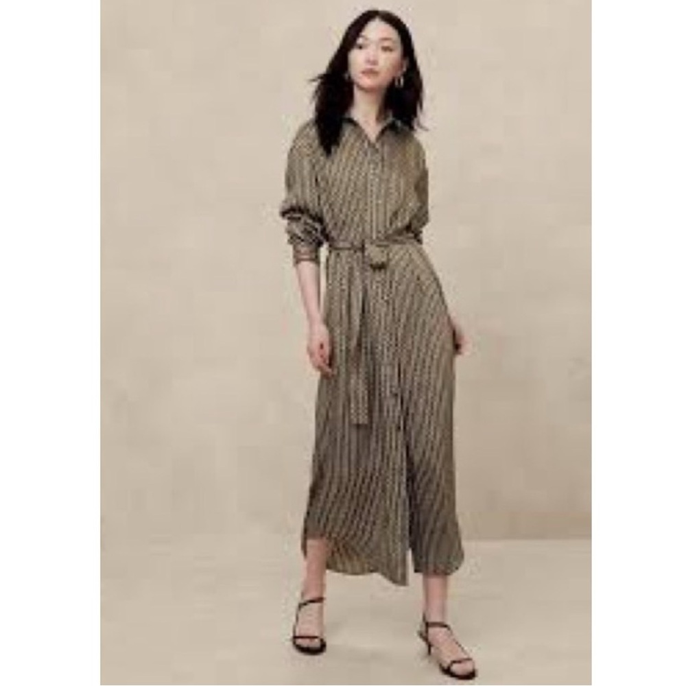 NWT BANANA REPUBLIC Silk Tie Waist Long Sleeve Collared Maxi Shirt Dress